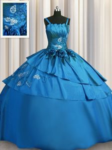 Inexpensive Embroidery Spaghetti Straps Sleeveless Lace Up Sweet 16 Dresses Teal Satin
