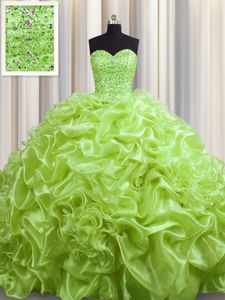 Exquisite Pick Ups Yellow Green Sleeveless Organza Court Train Lace Up Sweet 16 Dresses for Military Ball and Sweet 16 and Quinceanera