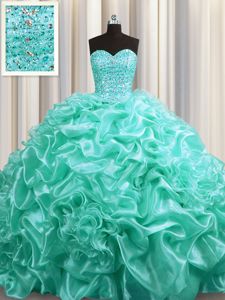 Lovely Sweep Train Rust Red Ball Gowns Beading and Ruffles Quinceanera Gowns Lace Up Organza Sleeveless