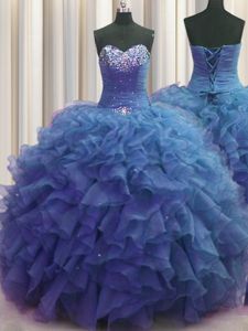 Purple Sweetheart Lace Up Beading and Appliques and Ruffles Quince Ball Gowns Sleeveless