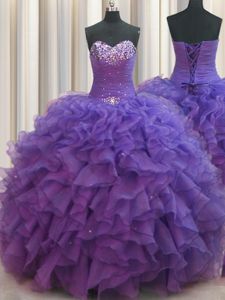 Clearance Visible Boning Sweetheart Sleeveless Quinceanera Gowns Floor Length Beading and Ruffles and Sequins Yellow Tulle