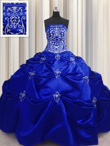 Floor Length Royal Blue Quinceanera Dress Taffeta Sleeveless Beading and Appliques and Embroidery