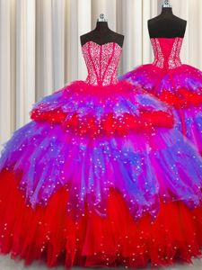 Bling-bling Visible Boning Multi-color Tulle Lace Up Quinceanera Gown Sleeveless Floor Length Beading and Ruffles and Ruffled Layers and Sequins