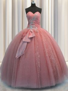 Suitable Watermelon Red Ball Gowns Tulle Sweetheart Sleeveless Beading and Sequins and Bowknot Floor Length Lace Up Vestidos de Quinceanera