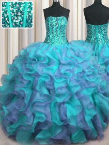 Charming Visible Boning Beaded Bodice Organza Strapless Sleeveless Lace Up Beading and Ruffles Ball Gown Prom Dress in Multi-color