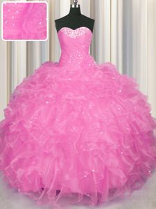 Clearance Sweetheart Sleeveless Lace Up Quinceanera Dresses Rose Pink Organza