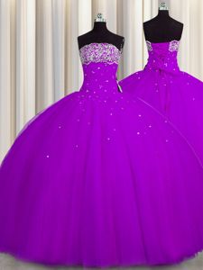 Really Puffy Purple Sleeveless Floor Length Beading and Sequins Lace Up Sweet 16 Quinceanera Dress
