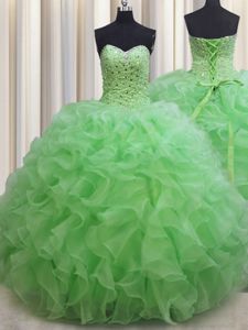 Visible Boning Olive Green Ball Gowns Sweetheart Sleeveless Organza With Brush Train Lace Up Beading and Ruffles Quince Ball Gowns