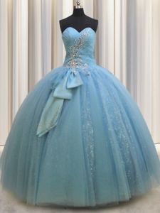 Artistic Three Piece Visible Boning Multi-color Tulle Lace Up Sweet 16 Dress Sleeveless Floor Length Beading