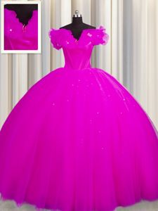 Off The Shoulder Fuchsia Lace Up Vestidos de Quinceanera Ruching Short Sleeves With Train Court Train