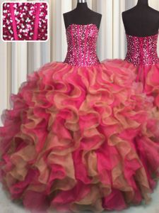 Visible Boning Beaded Bodice Floor Length Lace Up Quinceanera Dress Multi-color and In for Military Ball and Sweet 16 and Quinceanera with Beading and Ruffles