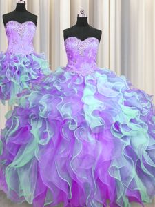 Three Piece Organza Sweetheart Sleeveless Lace Up Beading and Appliques 15th Birthday Dress in Multi-color