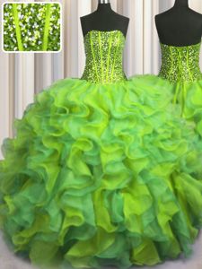 Deluxe Visible Boning Beaded Bodice Multi-color Sleeveless Organza Lace Up Vestidos de Quinceanera for Military Ball and Sweet 16 and Quinceanera