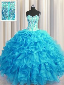 Visible Boning Bling-bling Floor Length Baby Blue Quinceanera Gown Sweetheart Sleeveless Lace Up