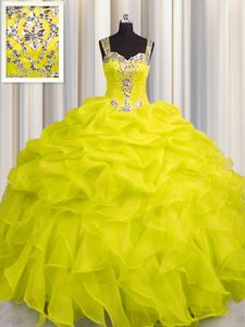Best See Through Zipper Up Yellow Ball Gowns Appliques and Ruffles Ball Gown Prom Dress Zipper Organza Sleeveless Floor Length