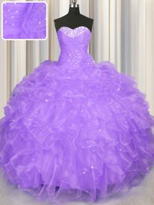 Flare Floor Length Lavender Quinceanera Gown Organza Sleeveless Beading and Ruffles