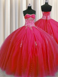 Big Puffy Red Sweetheart Lace Up Beading and Appliques Quinceanera Gowns Sleeveless