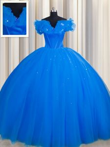 Off The Shoulder Short Sleeves Quinceanera Dress With Train Court Train Ruching Royal Blue Tulle