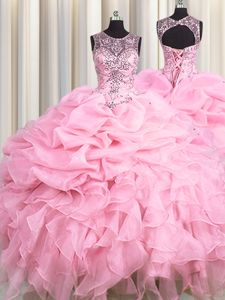 Super See Through Ball Gowns Ball Gown Prom Dress Baby Pink Scoop Organza Sleeveless Floor Length Lace Up
