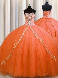 Vintage Orange Tulle Lace Up Sweetheart Sleeveless Sweet 16 Quinceanera Dress Brush Train Beading