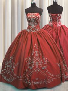 Fashionable Sleeveless Floor Length Beading and Embroidery Lace Up Quinceanera Dresses with Wine Red