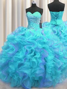 Leopard Multi-color Lace Up V-neck Beading and Ruffles Ball Gown Prom Dress Organza Sleeveless