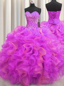Sleeveless Organza Floor Length Lace Up Quinceanera Court of Honor Dress in Multi-color for with Beading and Ruffles
