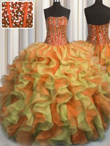 Visible Boning Beaded Bodice Strapless Sleeveless Lace Up Quinceanera Dresses Multi-color Organza