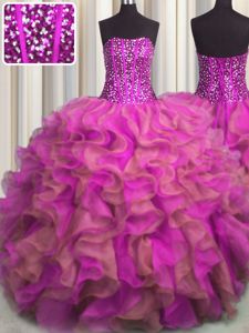 Visible Boning Beaded Bodice Beading and Ruffles Quinceanera Gown Multi-color Lace Up Sleeveless Floor Length