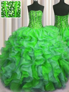 Unique Visible Boning Bling-bling Sleeveless Organza Floor Length Lace Up Quinceanera Dress in Multi-color for with Beading and Ruffles