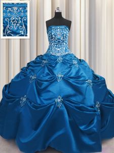Sleeveless Taffeta Floor Length Lace Up Quinceanera Gowns in Teal for with Beading and Appliques and Embroidery