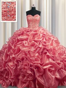 Extravagant Watermelon Red Lace Up Quinceanera Dresses Beading and Pick Ups Sleeveless With Train Court Train