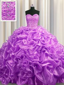 Vintage Lilac Ball Gowns Sweetheart Sleeveless Organza With Train Court Train Lace Up Beading and Pick Ups 15th Birthday Dress