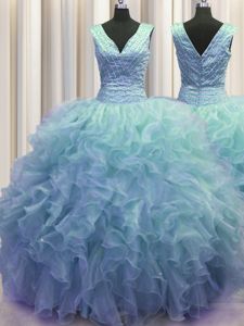 V Neck Zipper Up Floor Length Ball Gowns Sleeveless Baby Blue Sweet 16 Dress Zipper