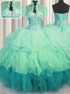 Customized Visible Boning Bling-bling Multi-color Ball Gowns Beading and Ruffled Layers 15th Birthday Dress Lace Up Organza Sleeveless Floor Length