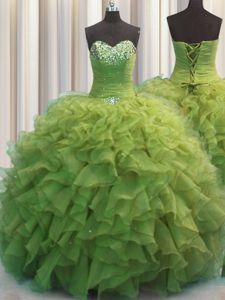 Gorgeous Sweetheart Sleeveless Brush Train Lace Up Sweet 16 Quinceanera Dress Red Organza