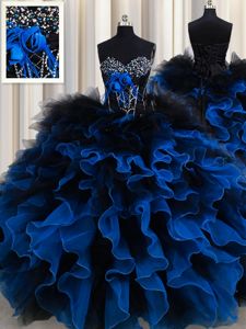 Fashionable Royal Blue Organza and Tulle Lace Up Sweetheart Sleeveless Floor Length 15th Birthday Dress Beading and Ruffles