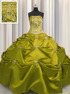 Adorable Olive Green Taffeta Lace Up Strapless Sleeveless Floor Length Quince Ball Gowns Beading and Appliques and Embroidery