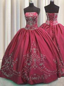 Coral Red Vestidos de Quinceanera Military Ball and Sweet 16 and Quinceanera and For with Beading and Embroidery Strapless Sleeveless Lace Up