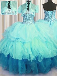 Luxurious Blue Tulle and Sequined Lace Up Sweetheart Sleeveless With Train Sweet 16 Quinceanera Dress Court Train Beading and Appliques