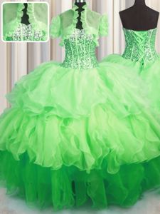 Top Selling Ball Gowns Quinceanera Dresses Yellow Green Sweetheart Organza Sleeveless Floor Length Lace Up