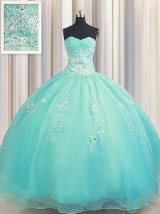 Ideal Visible Boning Bling-bling With Train Teal Quinceanera Gown Organza Brush Train Sleeveless Beading and Ruffles