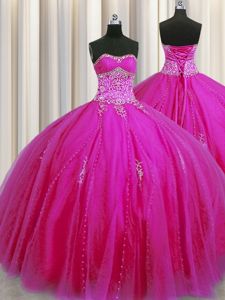 High Quality Really Puffy Sleeveless Floor Length Beading and Appliques Lace Up Sweet 16 Quinceanera Dress with Fuchsia