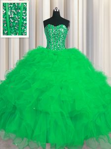 Visible Boning Green Sweetheart Lace Up Beading and Ruffles and Sequins Sweet 16 Dress Sleeveless