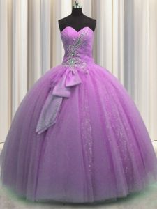 Lilac Ball Gowns Sweetheart Sleeveless Tulle Floor Length Lace Up Beading and Sequins and Bowknot Quinceanera Dresses