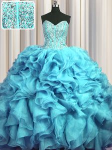Custom Designed Visible Boning Bling-bling Aqua Blue Sleeveless With Train Beading and Ruffles Lace Up Vestidos de Damas