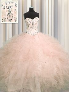 Visible Boning Pink Sleeveless Beading and Appliques and Ruffles Floor Length Vestidos de Quinceanera