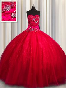 Excellent Floor Length Red Quinceanera Gowns Tulle and Sequined Sleeveless Beading and Appliques