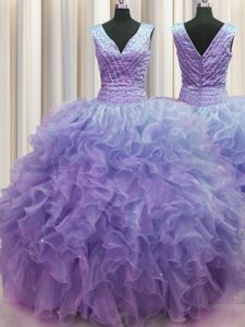 Sweet V Neck Zipper Up Lavender Sleeveless Ruffles Floor Length Vestidos de Quinceanera