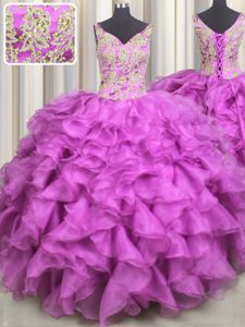 Fuchsia Ball Gowns V-neck Sleeveless Organza Floor Length Lace Up Beading and Ruffles Quinceanera Dress